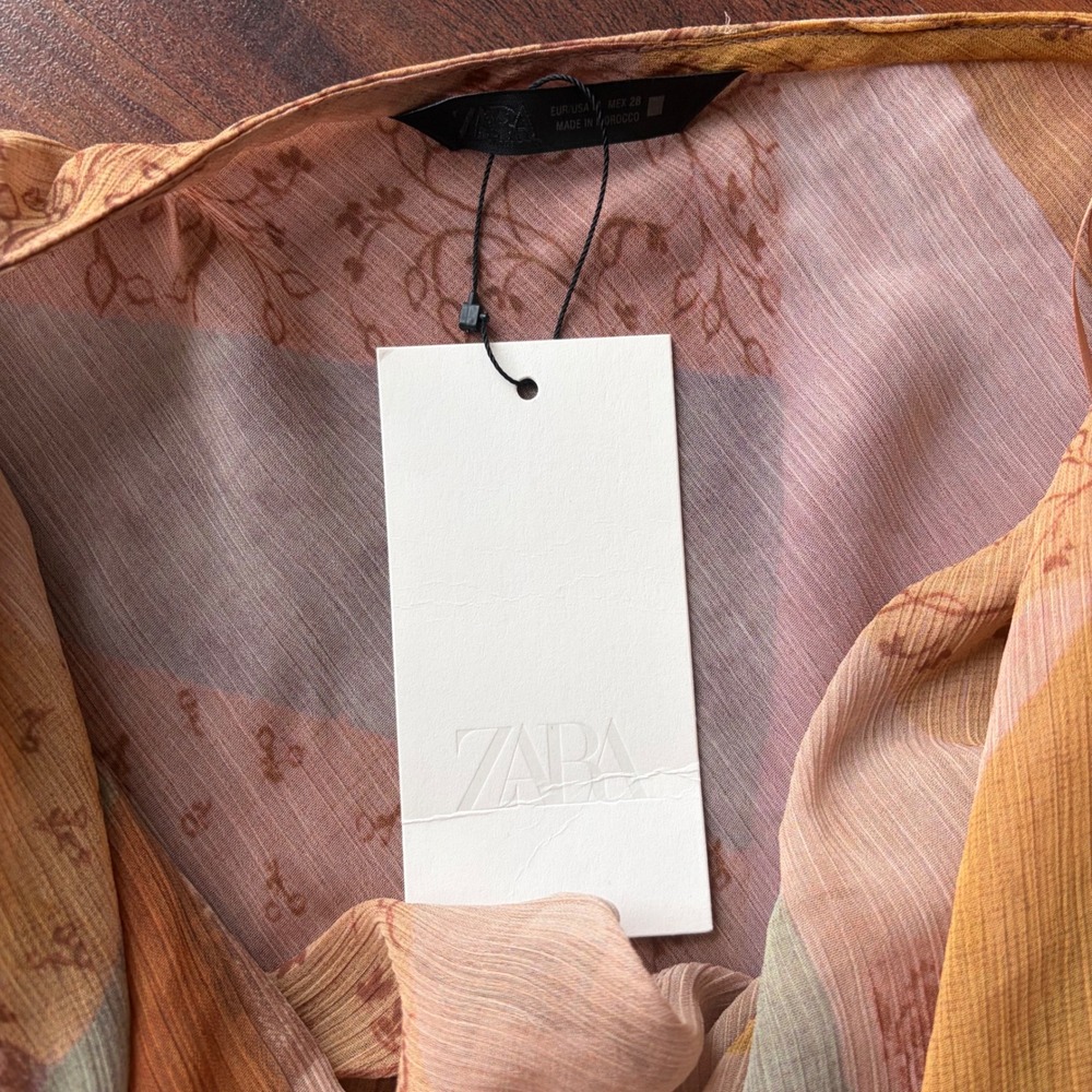 Zara Patchwork‎ Geometric Mini Dress Cowl Neck Flare Sleeve Ruffle Hem Coachella - Picture 4 of 5